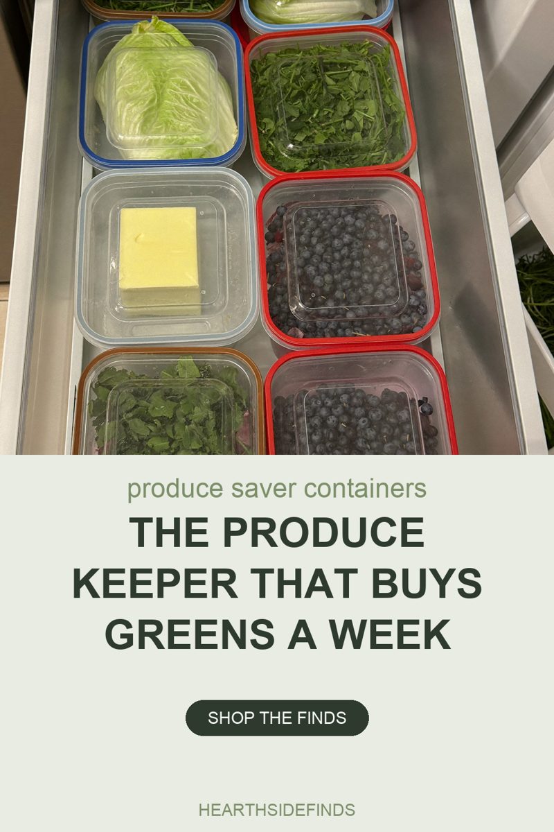 Photo looking down into an open refrigerator drawer filled with square clear containers sealed by blue, red and orange clip lids, several showing a clear inner tray inside, holding a head of lettuce, loose green leaves, blueberries and a block of butter, with the metal drawer rails on either side
