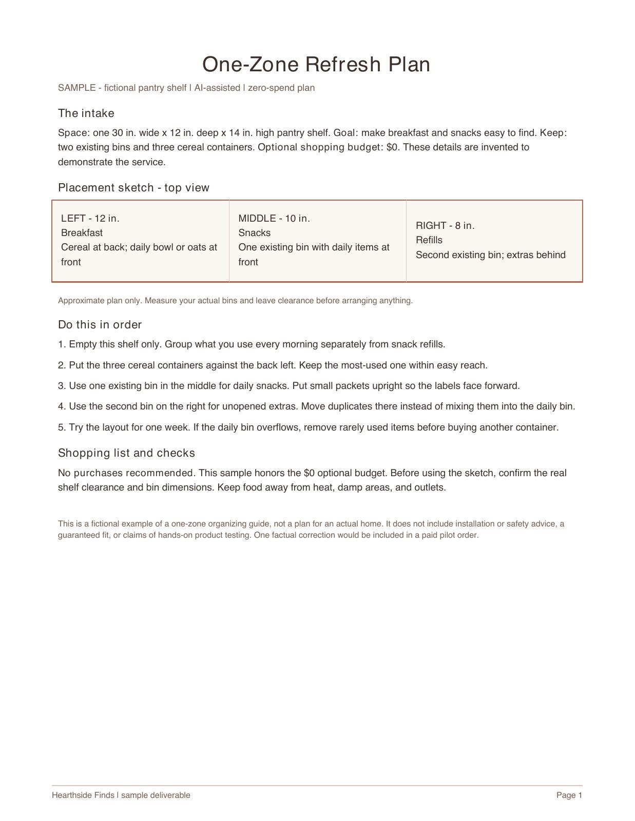 Fictional sample pantry plan with a three-zone layout sketch and five rearranging steps